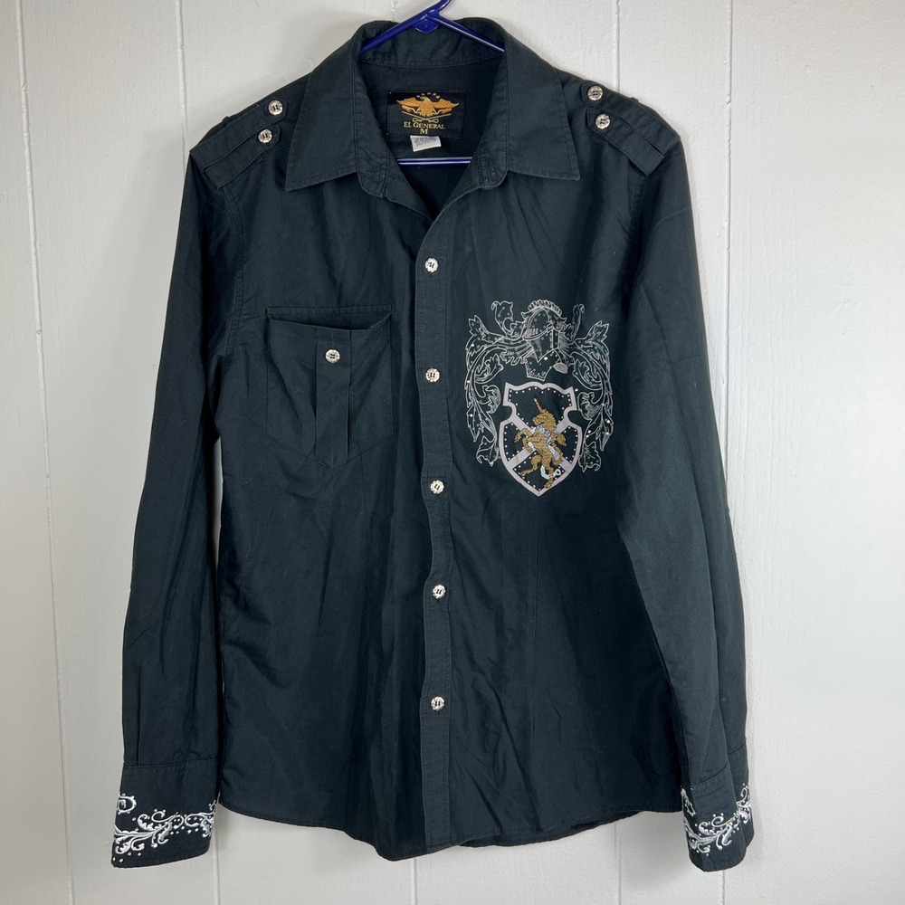 El General Mens Black Button Down Shirt Embroidered Crest Military Long Sleeve M